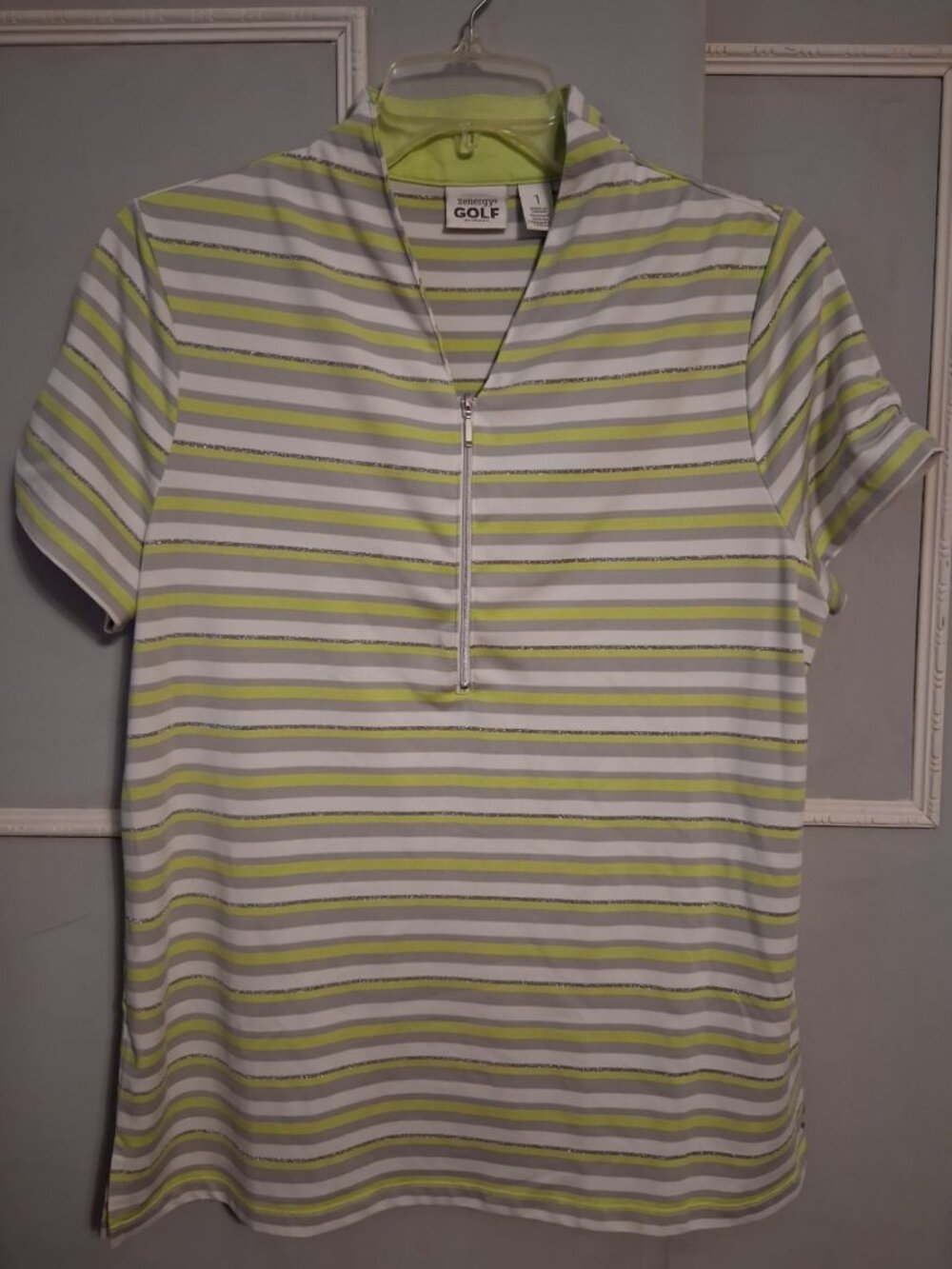 Chico’s Zenergy Golf Polo Zip Size 1 Moisture Wicking Lime Green Silver Gray